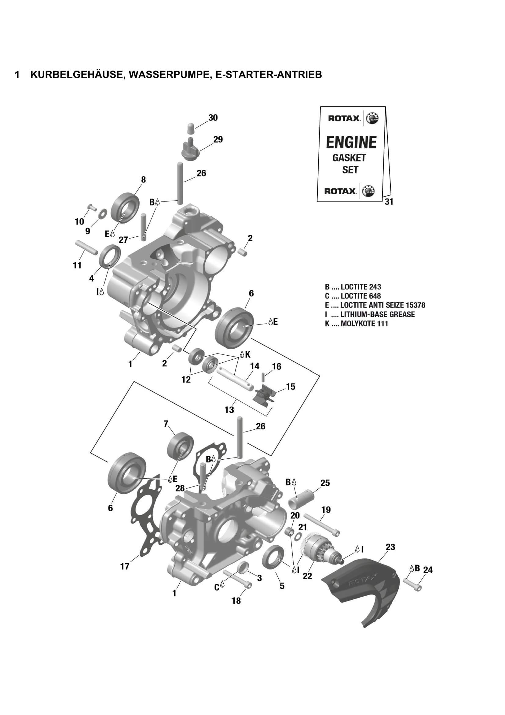 1  KURBELGEHÄUSE, WASSERPUMPE, E-STARTER-ANTRIEB