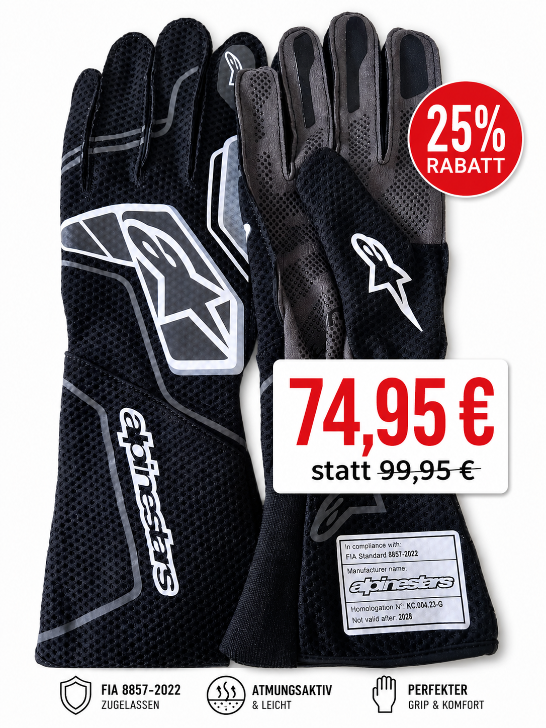 2026 Alpinestars Tech-1 KX V4 Handschuhe schwarz/anthracite Homologiert FIA 8877-2022