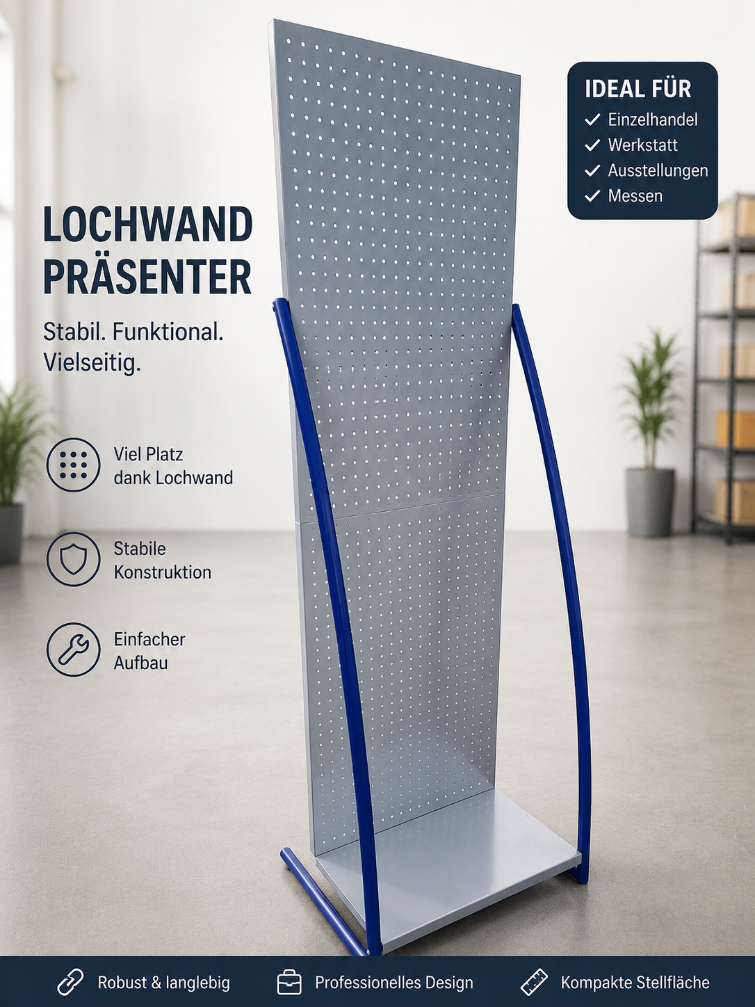 Lochregal Designständer silber/ blau 62x200x50